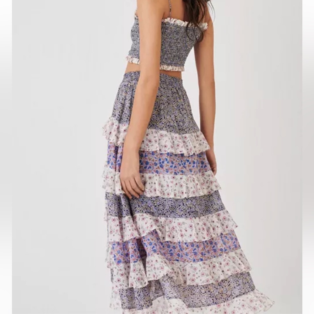 Maje Lilota Floral Print Smocked Crop Top and Midi Skirt